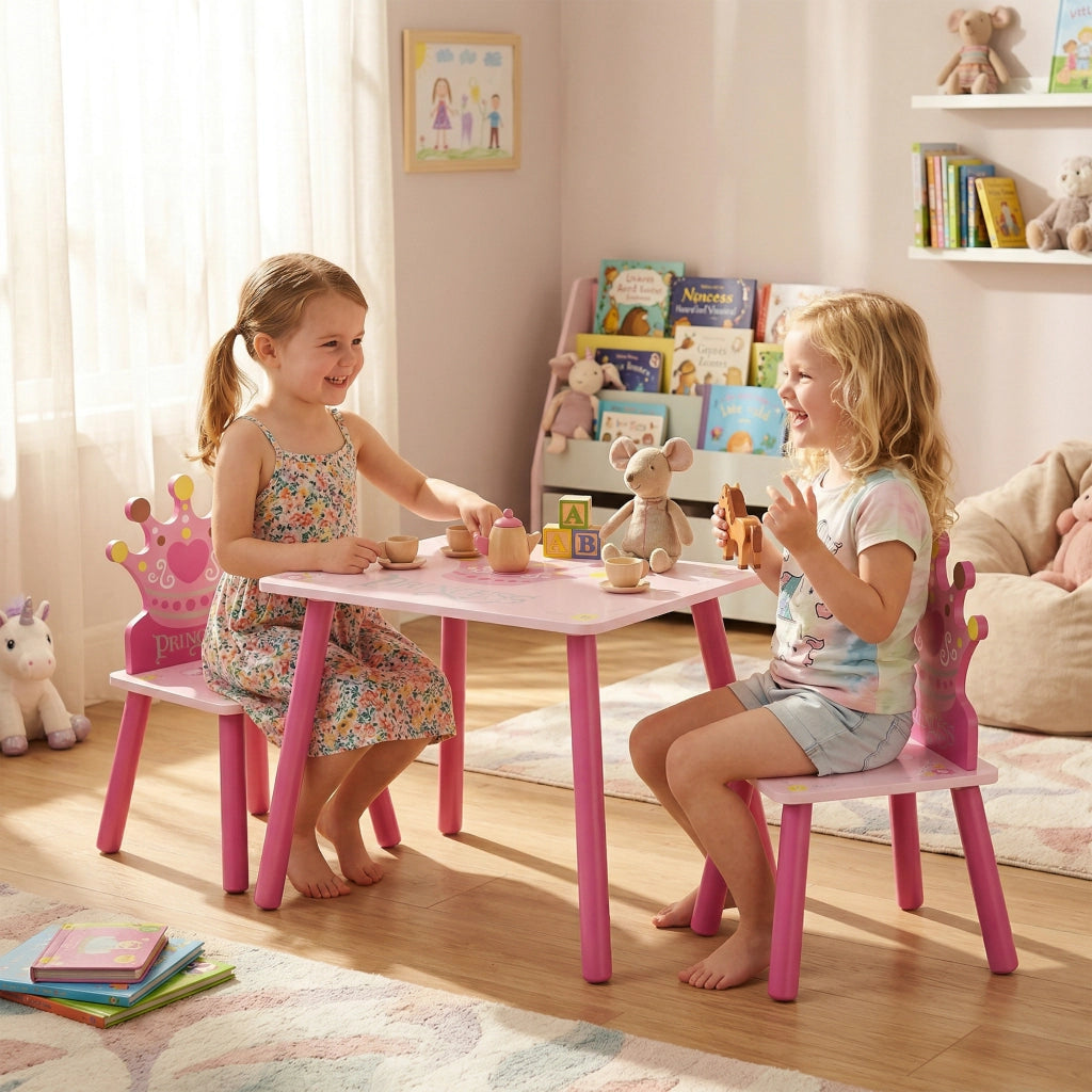 Set Tavolo e 2 Sedie Bambini ¨C zephmum ¨C Legno Rosa con Schienale a Corona