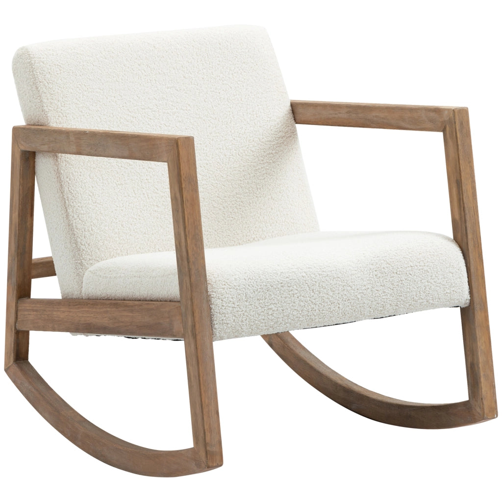 Sedia a dondolo imbottita con struttura in legno e cuscino Teddyfleece, crema bianco