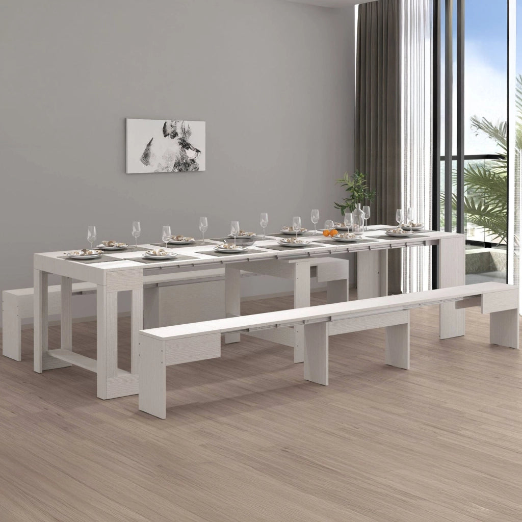 Panca Quedan, Set di 2 sedute per tavolo da pranzo, Panche allungabili, 290x25h45 cm, Bianco