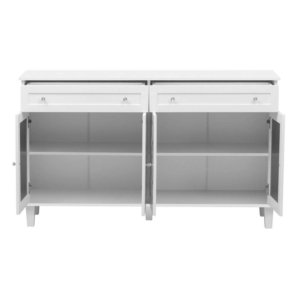 Credenza 140x40x83 cm con 4 ante a specchio; cassetti e ripiano regolabile; MDF bianco
