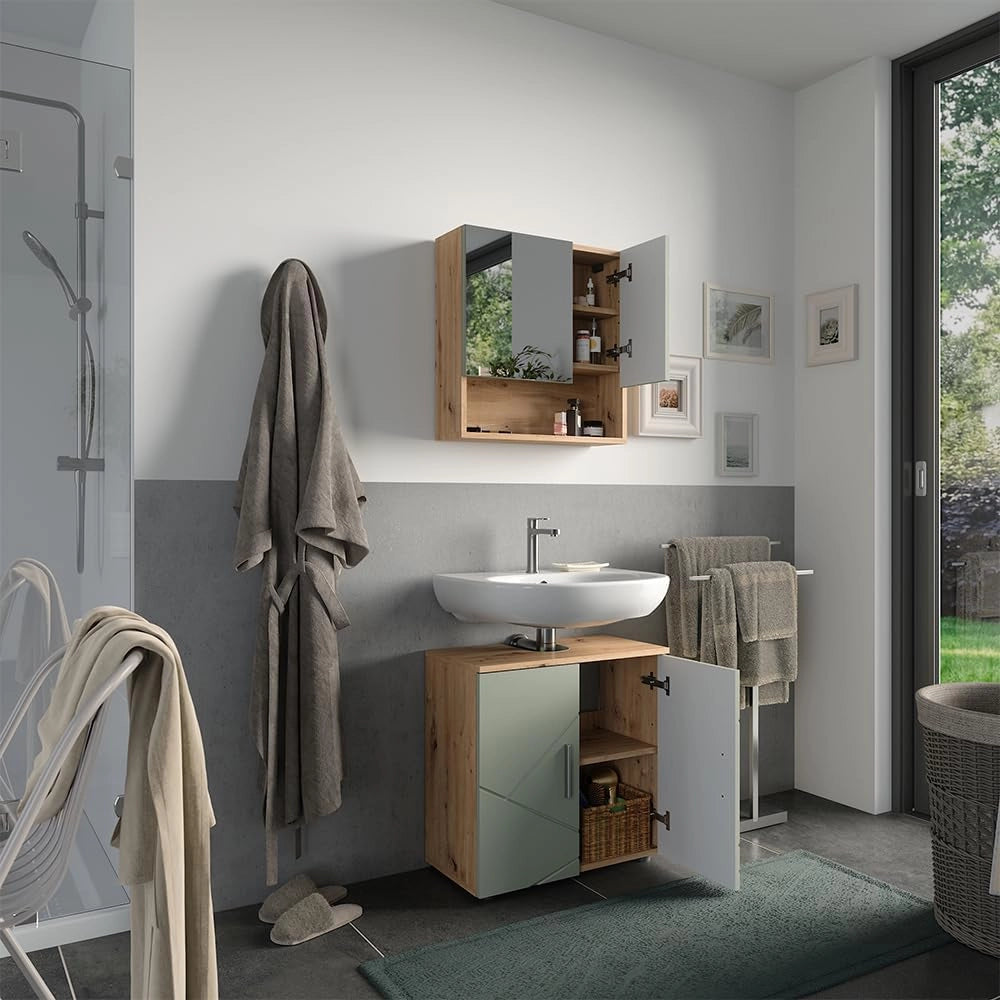 Set di mobili da bagno Irma, Verde salvia, 60 cm, composto da specchio da bagno e mobile sottolavabo