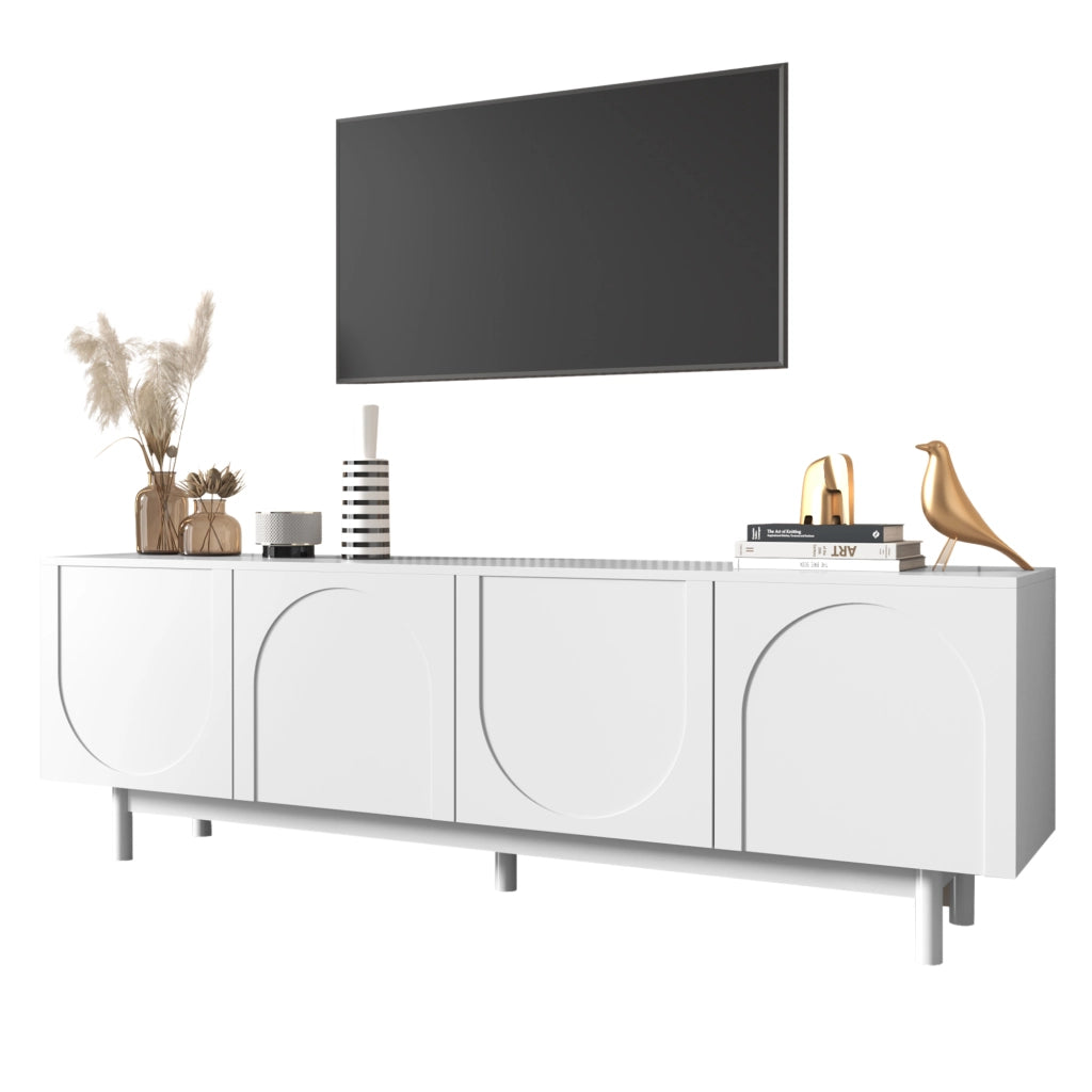 Mobile TV con 4 Ante e Ripiani Regolabili; Apertura Push to Open; per Soggiorno; in Pannello di Particelle; 175 × 38 × 56 cm; Bianco