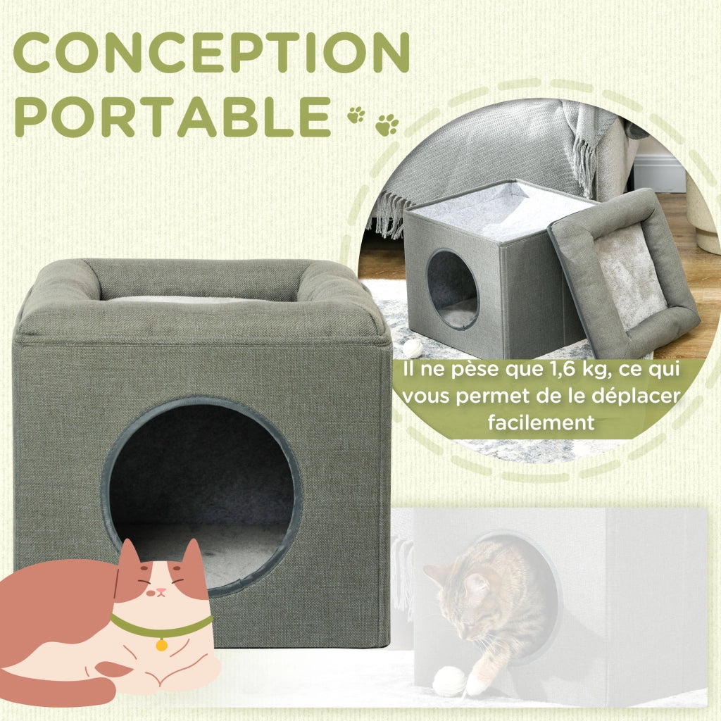 Casetta per Gatti a 2 Livelli con Cuscino ¨C zephmum ¨C Grigio 36.5x36.5x33 cm