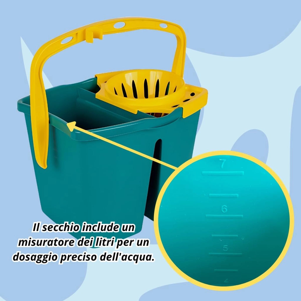 Tomaino - Secchio lavapavimenti con Doppia Vasca in Plastica - Mocio Acqua Separate Pulita e Sporca - 2 Vasche da 7 litri con Strizzatore Per Pulizia Casa, Ufficio, Uso Professionale