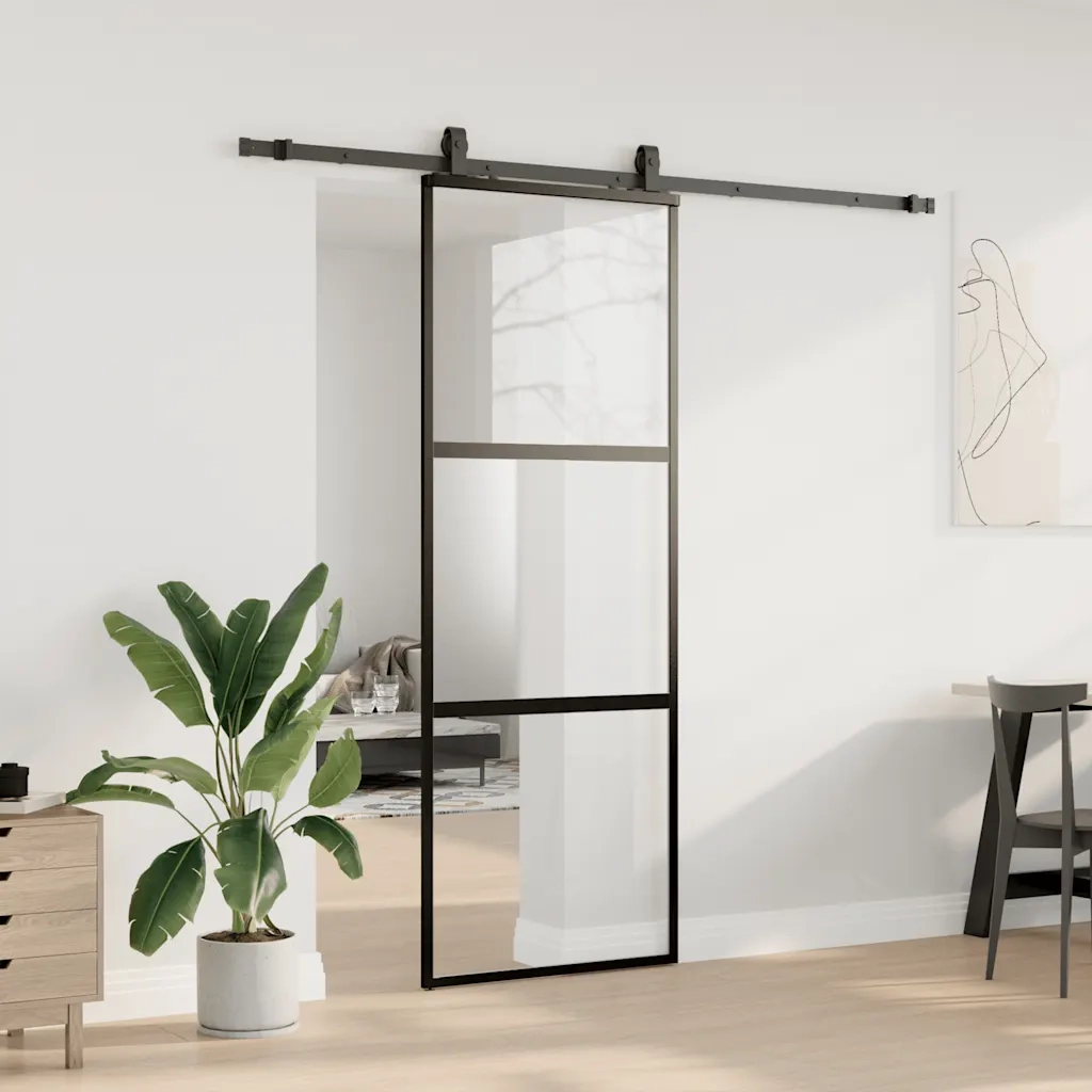 Porta Scorrevole Set Ferramenta Nera 76x205 cm Vetro Temperato 3375957