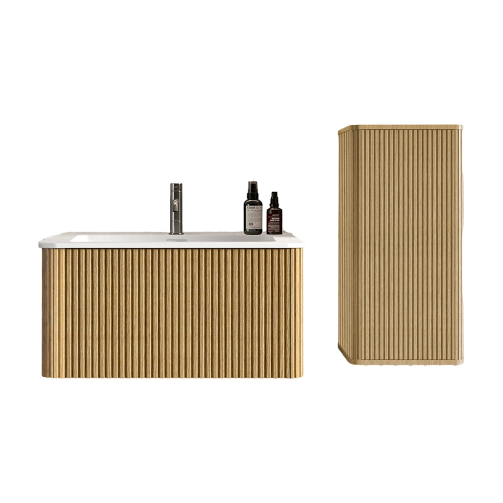 Set di mobili per soggiorno mobile lavabo sospeso e colonna bagno, MDF bianco rovere