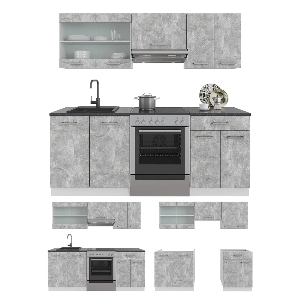 Vicco Cucina componibile Cemento/Bianco 200 cm senza piano di lavoro