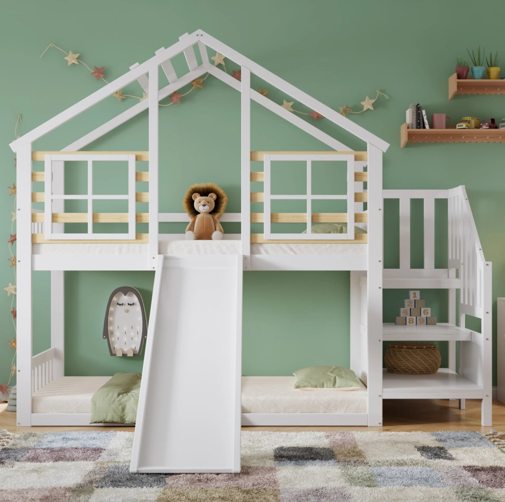 Letto a castello per bambini con scivolo, scala e finestre 90x200 cm