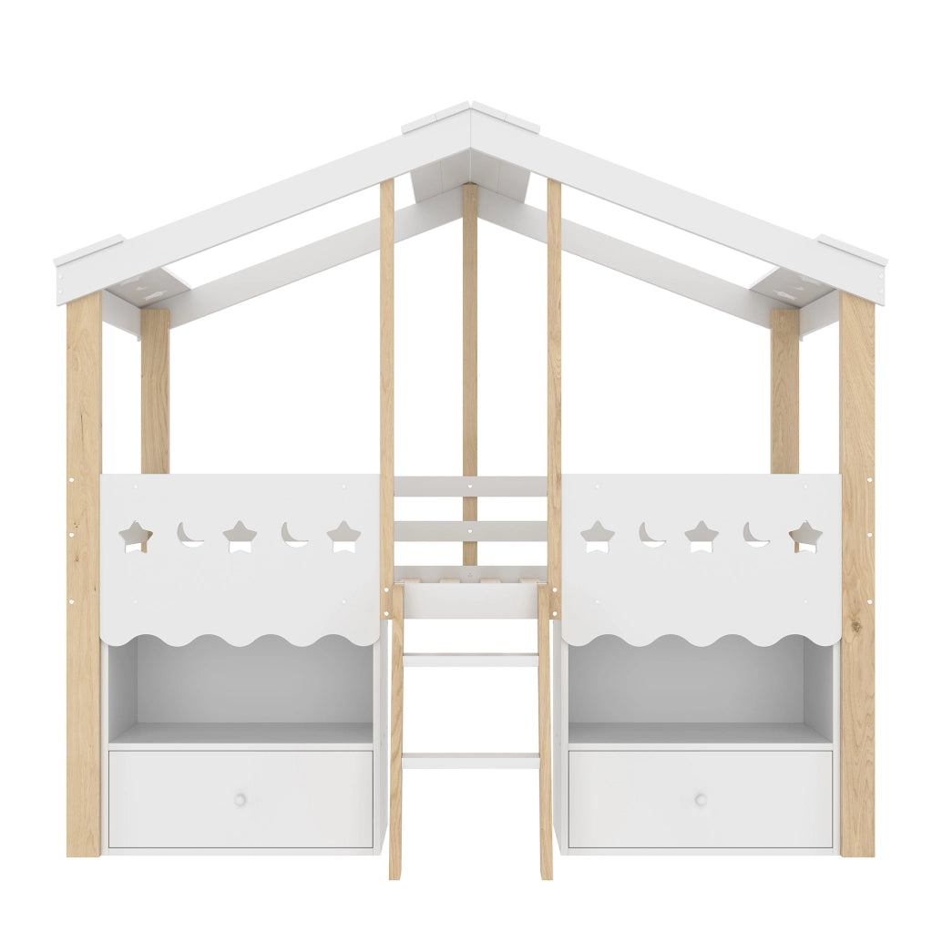 Letto a soppalco 90x200 cm a casetta con LED; in pino bianco e naturale