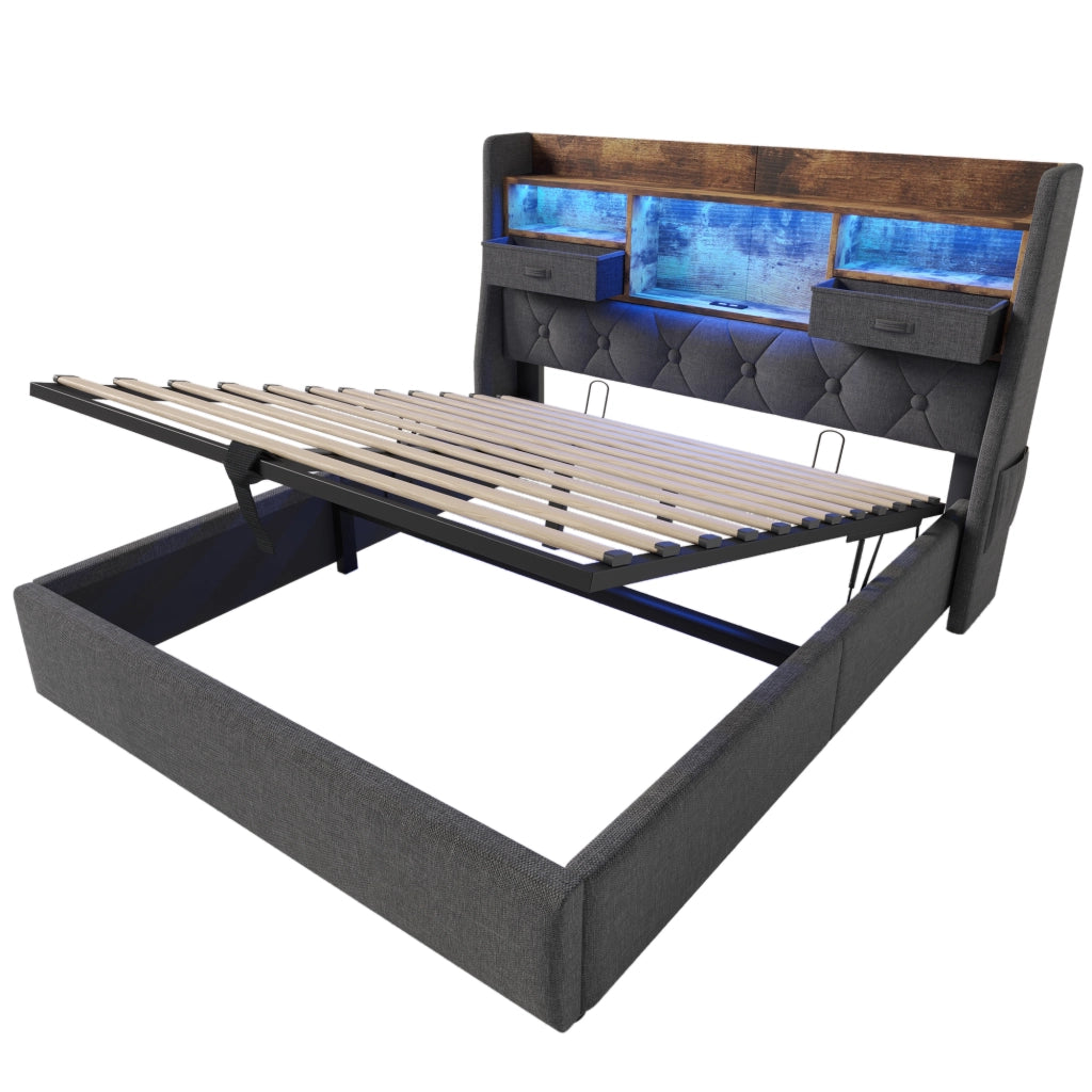 Letti contenitori 140x190 cm con contenitore idraulico e LED; lino grigio (Senza materasso)