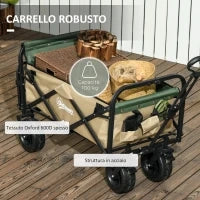 Carrello da Giardino 110L con Maniglia Telescopica e Fondo Apribile in Acciaio e Tessuto Oxford, Cachi