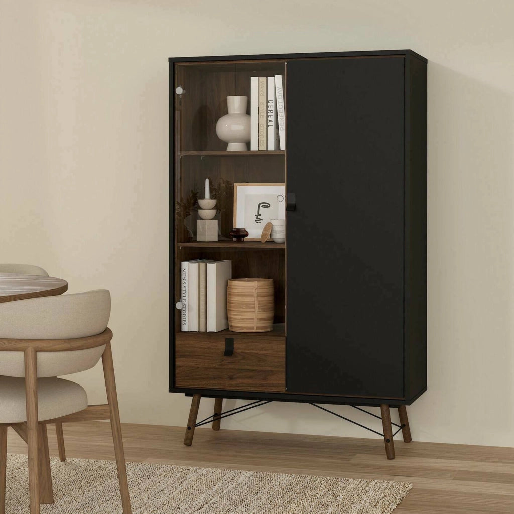 Vetrina Mora, Credenza espositiva, Vetrinetta multiuso, Madia da soggiorno, 102x40 h162 cm, Nero e Noce