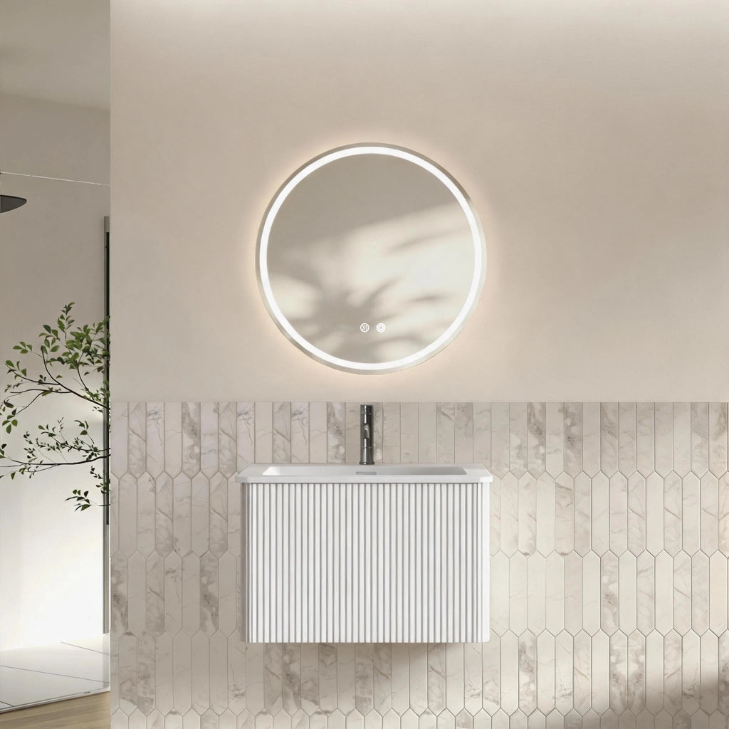 Mobile bagno sospeso con specchio tondo LED; lavabo integrato e cassetto; design rigato per bagno; bianco