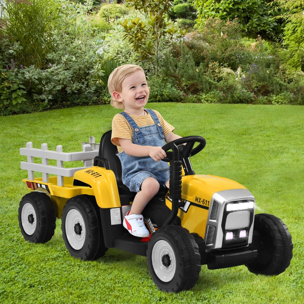 Trattore giocattolo elettrico con 3 marce luci led musica clacson, Trattore con rimorchio 12 v per bambini Giallo-Macchinine giocattoli