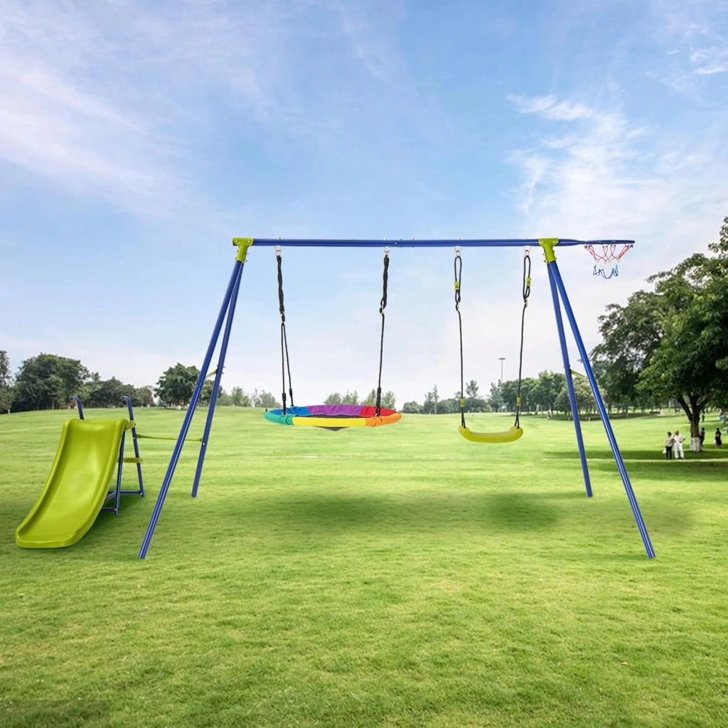 Set di Altalene da Giardino per Bambini 3-10 Anni, Seggiolino Altalena Bambini 4 in 1 con 2 Altalene, Scivolo e Canestro da Basket, Scivolo e Altalena per Uso Esterno e Interno