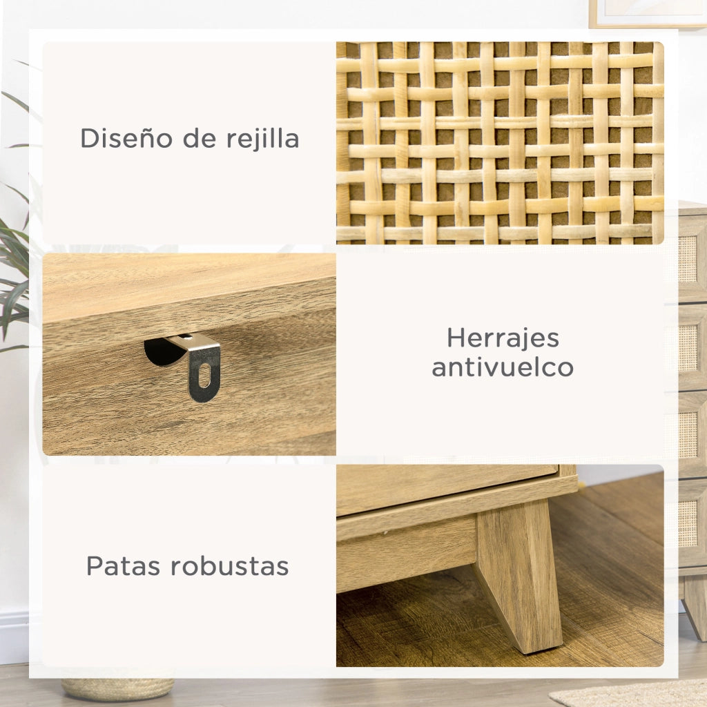 Cassettiera 4 Cassetti ¨C Xylo ¨C Legno Naturale Frontale Rattan 80x35x95cm