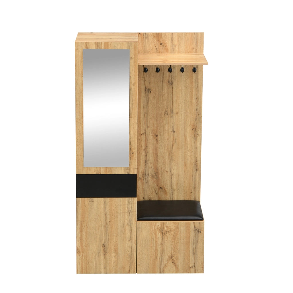 Mobile ingresso con specchio; 5 ganci; panca e scarpiera 98;5x38x191 cm; MDF nero e naturale