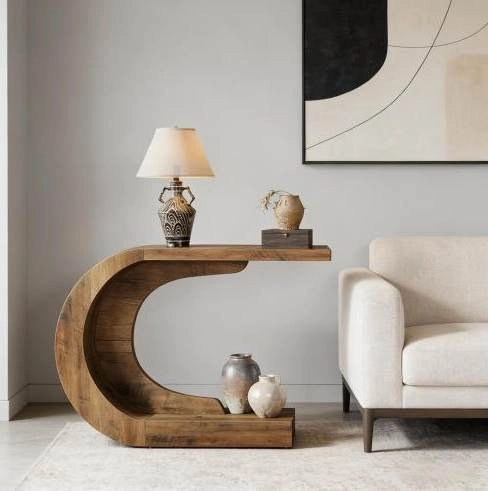 Tavolo consolle a C in legno 110 x 35 x 75 cm marrone rustico