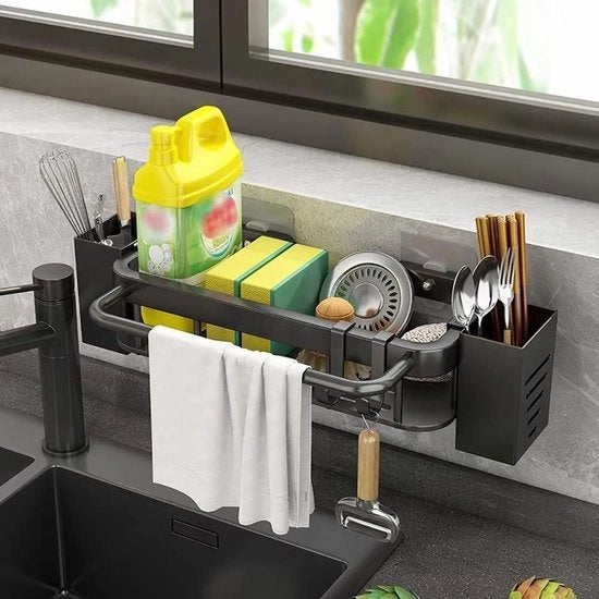Organizzatore per vasca da bagno appoggiata con supporto per spugna e contenitore per asciugamani per la doccia - organizzatore per cucina per vasca da bagno - nero