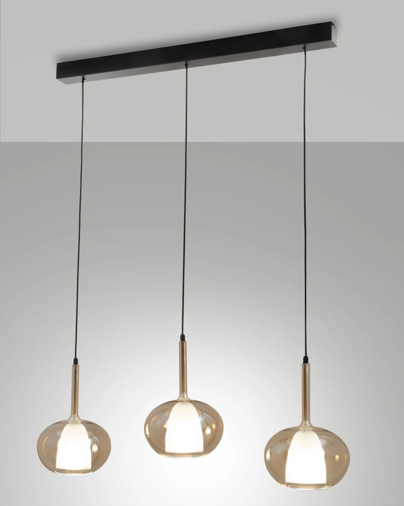 Lampada a Sospensione Edolo in Metallo e Vetro Borosilicato Colore Ambra, 3x E27 40W, IP20, Design Elegante per Interni - Edolo