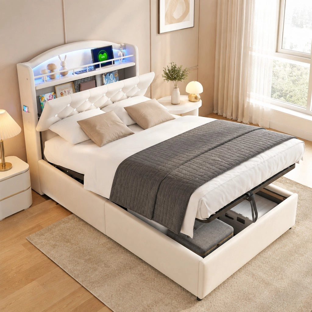 Letto imbottito per bambini 90x200 cm con LED, USB e vano contenitore beige