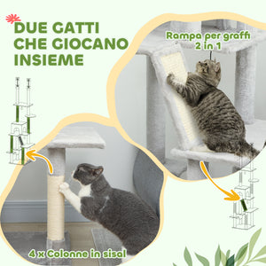 Albero Tiragraffi a Soffitto con Altezza Regolabile 225-255 cm con Casetta e Amaca in Peluche e Sisal Grigio Chiaro