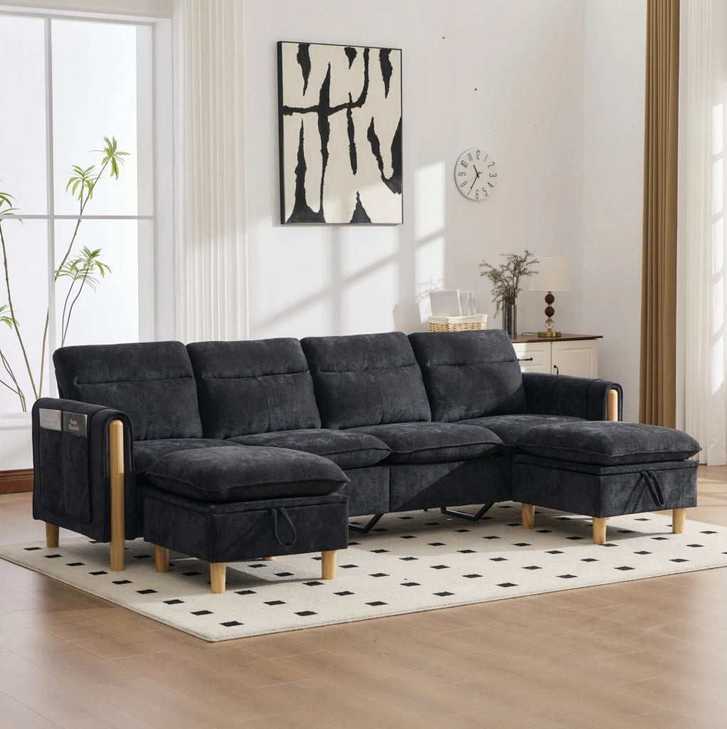 Divano modulare a U a 4 posti con 2 pouf contenitore; chenille nero