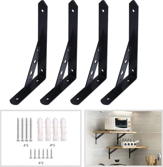 4 pezzi di angolo di supporto in metallo nero, 300 mm supporti di pannello in metallo nero con viti, supporto angolare in acciaio massello, supporto angolare pesante, supporto angolare per installazione a parete.