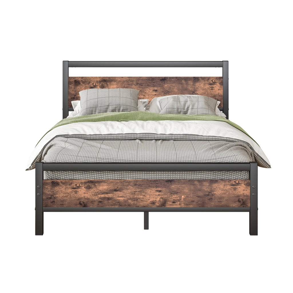 LETTO 140x190 cm in MDF e Metallo con rete a doghe, stile industriale, marrone