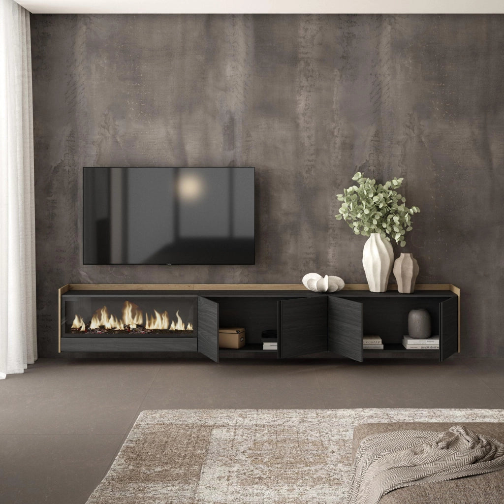 Mobile TV Soggiorno, 315x50x35 cm, Per TV fino a 80", Camino elettrico XXL, Sospeso, da appendere, Nero e rovere