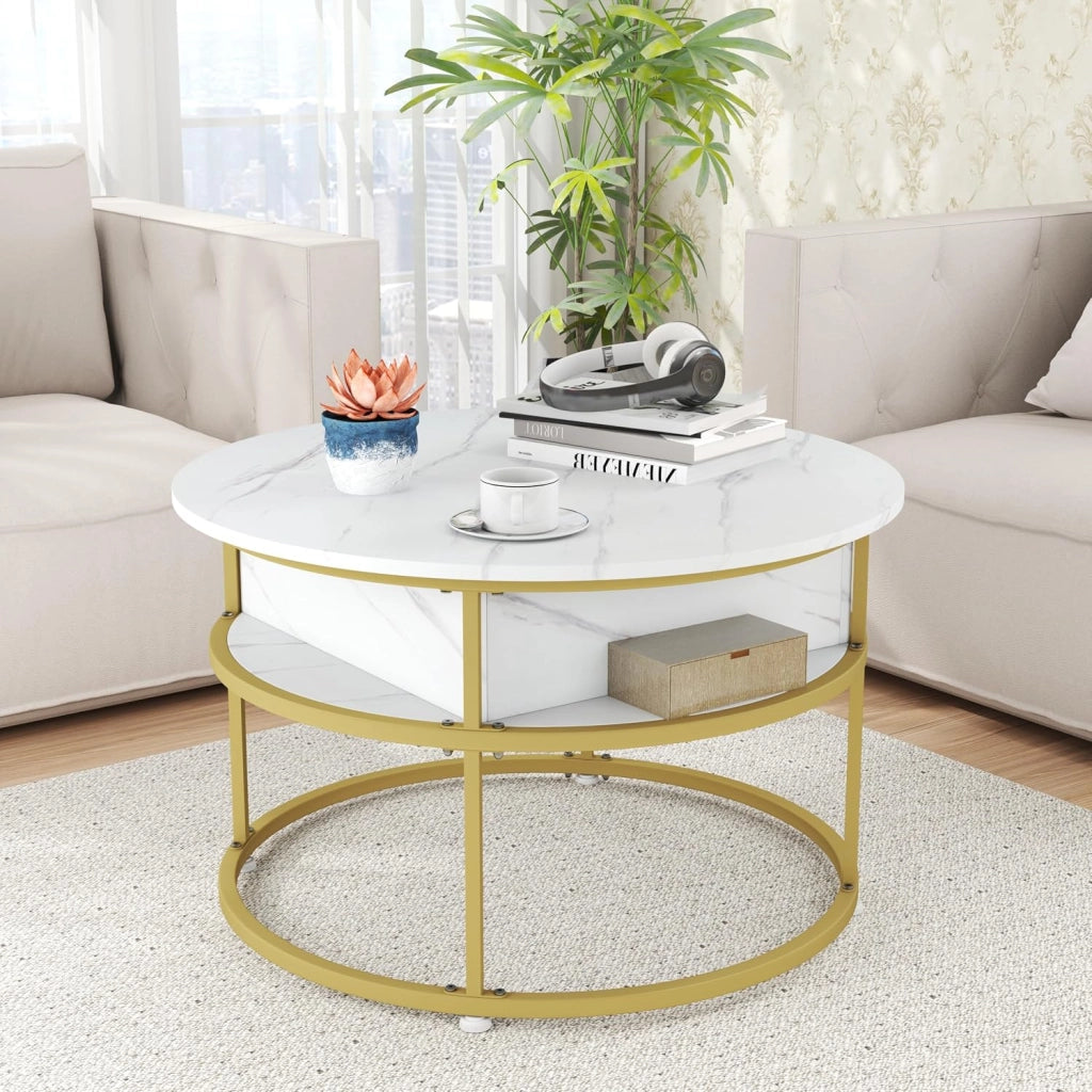 Tavolino da Caffè con Piano Sollevabile, Tavolino da Salotto Rotondo 80 cm a 2 Ripiani con Contenitore Nascosto e Ripiani Laterali, Ideale per Soggiorno, Studio e Ufficio