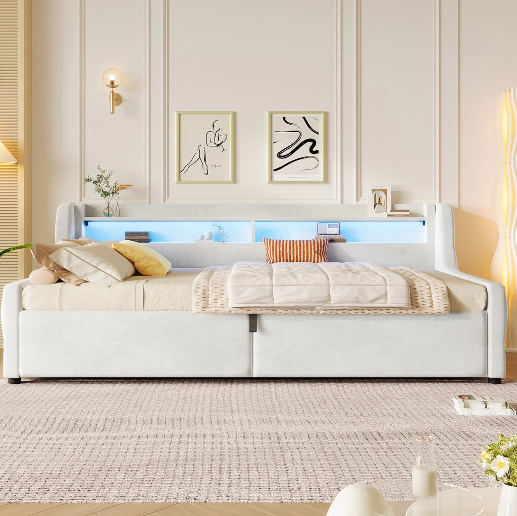 Letto singolo imbottito 90x200 con vano contenitore e testiera LED