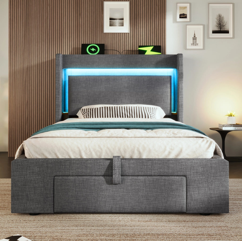 Letto singolo 90x200 cm con contenitore idraulico; LED; USB e USB-C; grigio