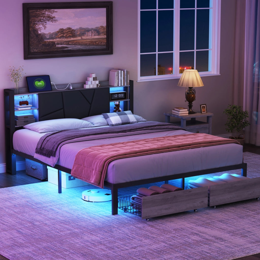 Letto matrimoniale 140x200 cm con testiera LED; USB e due cassetti neri