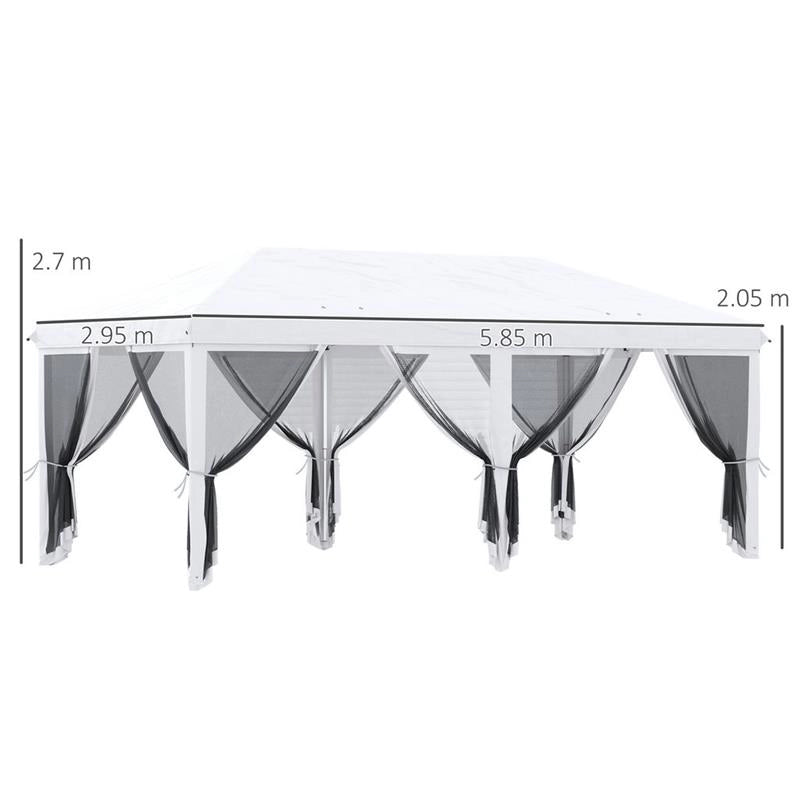 GAZEBO PIEGHEVOLE CON 6 TENDE ZANZARIERA E STRUTTURA IN ACCIAIO, 585X295X270CM, BIANCO CREMA