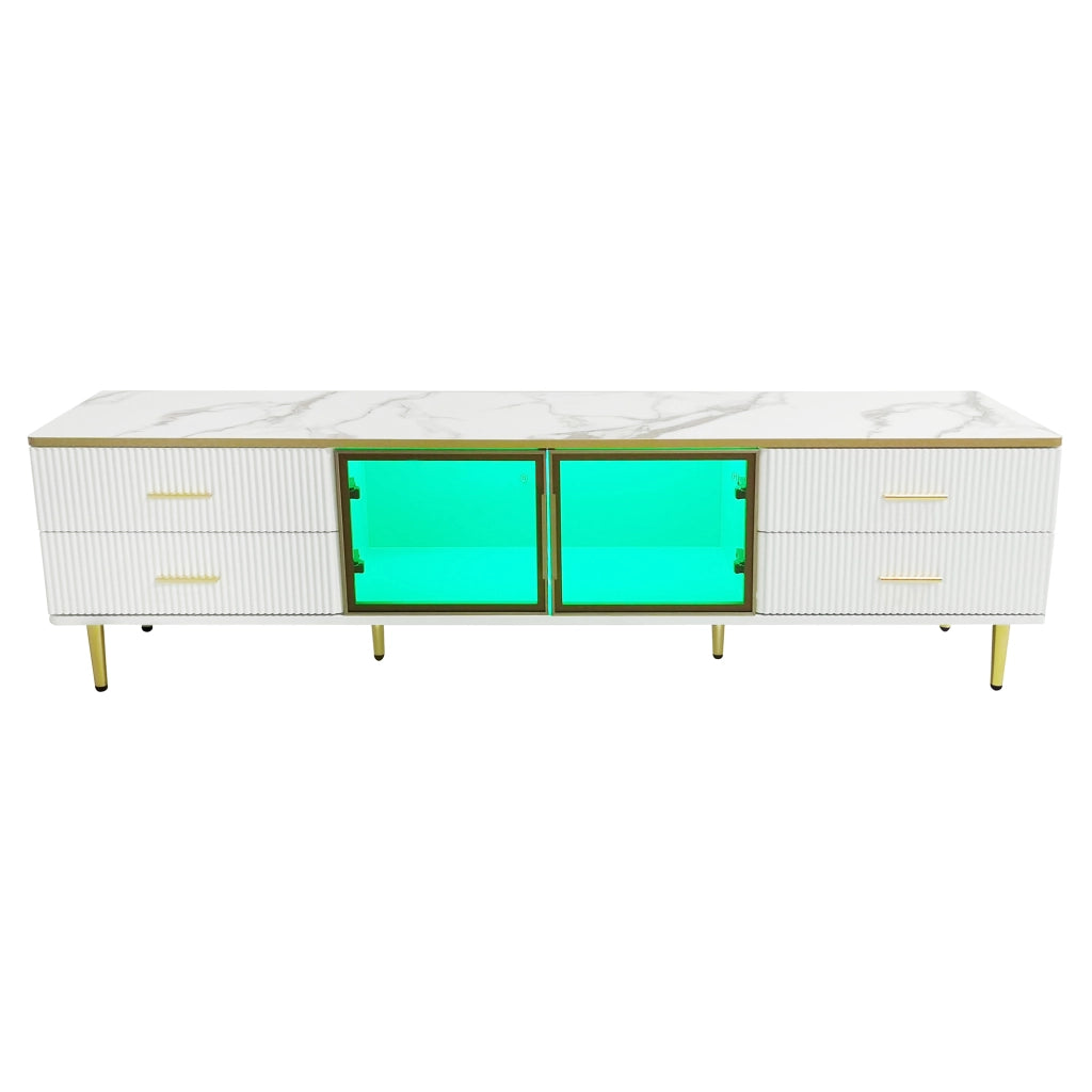 TV Schrank in Marmoroptik - Zephmum - 170x37x47,5cm - LED-Beleuchtung, 4 Schubladen, Glasfronten