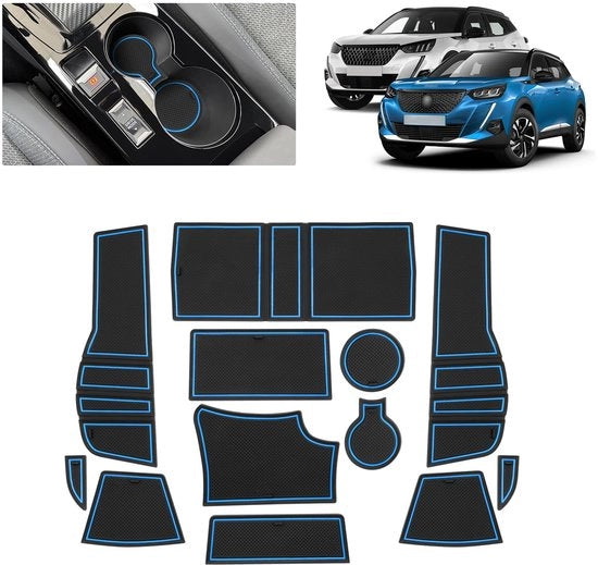 Materassini Antiscivolo per Peugeot 2008 E-2008 (2020-2025) | Mattoncini in gomma originale per console centrale, contenitori porta-bevande e spaziature porta-portiere | Adatto a Peugeot 2008 GT Line (blu)