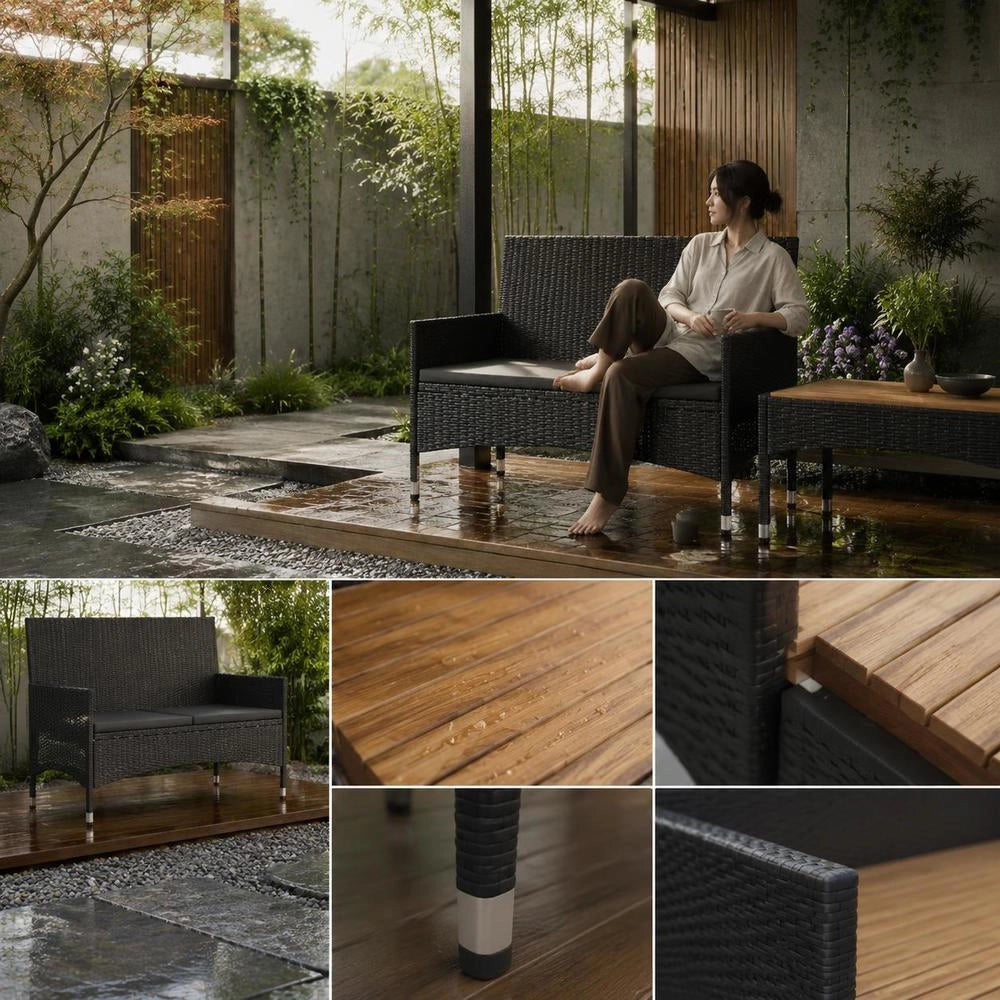2-seater Garden Bench With Cushions, Black Poly Rattan