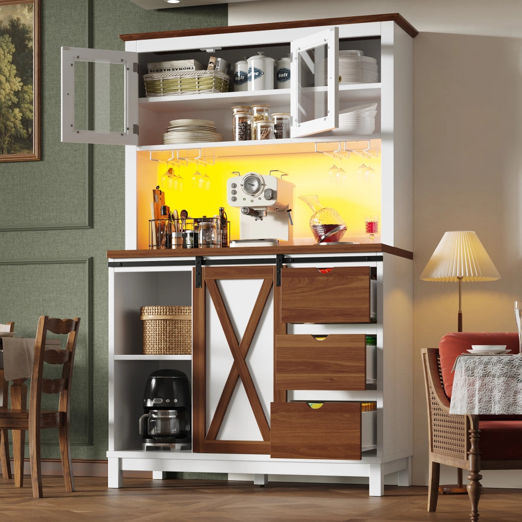 Credenza Alta da Cucina con 1 Porta Scorrevole in Vetro; 1 Cassetto; Ripiani Regolabili e LED; 104x40x180 cm; Bianco
