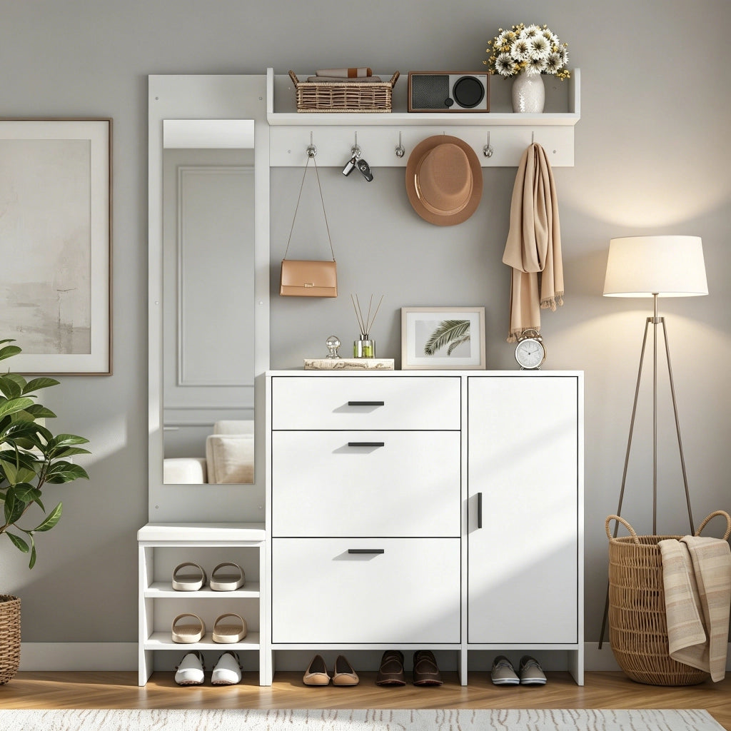 Mobile Ingresso con Scarpiera e Specchio Bianco 140x30x200cm Multifunzione
