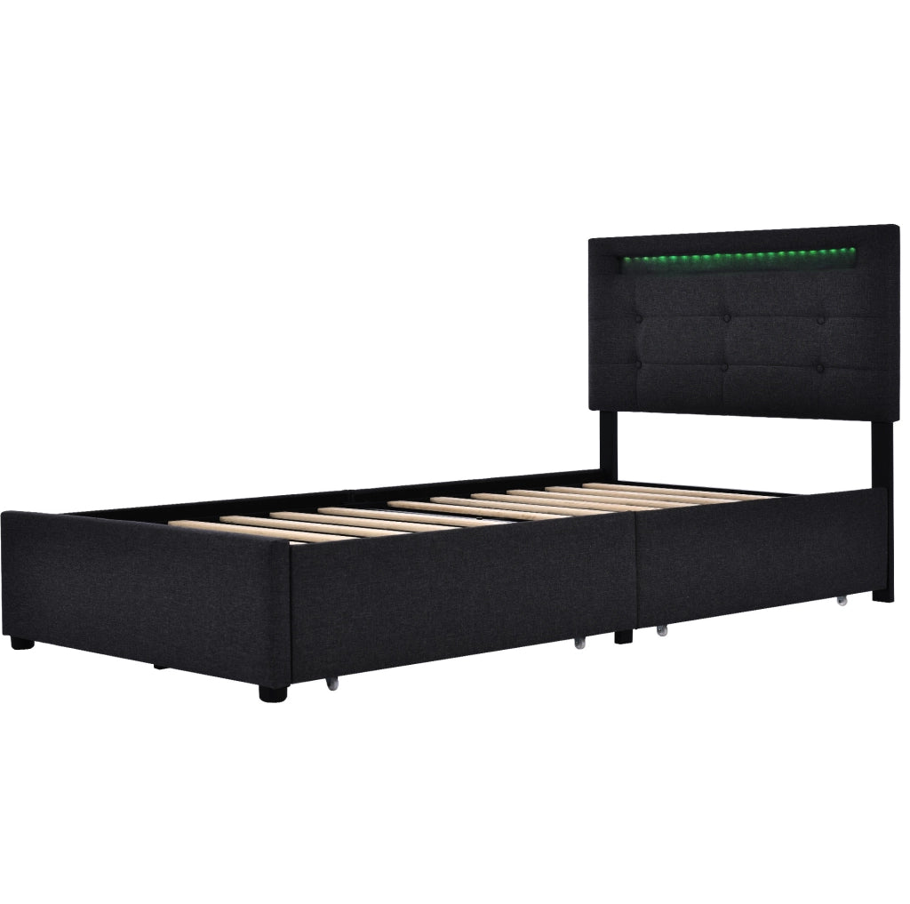 Letto singolo 90x200 cm con LED e 2 cassetti; tessuto in lino