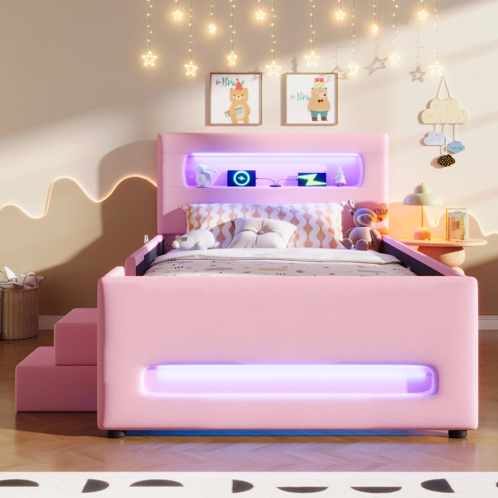 Letto imbottito con luci led, cassetto, prese USB e scaletta, rosa 90x200