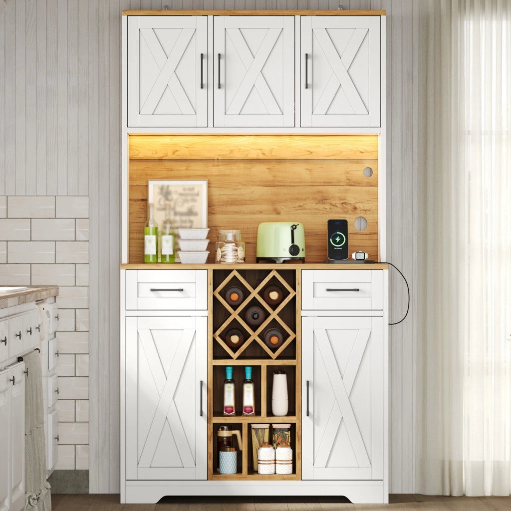 Credenza alta multifunzionale con LED RGB, prese integrate, 2 cassetti e portabottiglie estraibile, 105 × 40 × 180 cm