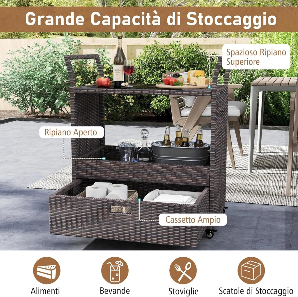 Carrello Bar in Rattan da Esterno, Tavolo Bar Mobile con Piano in Vetro Temperato, Ripiano Aperto e Cassetto Capiente, Carrello di Servizio per Patio Veranda Cortile e Giardino