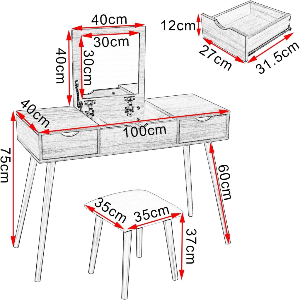 EUGAD Toeletta da Trucco con Specchio Pieghevole, Tavolo da Toeletta con Sgabello ben Imbottito, Scrivania con 2 Cassetti, Moderno, Legno, Bianco, 100x40x75 cm