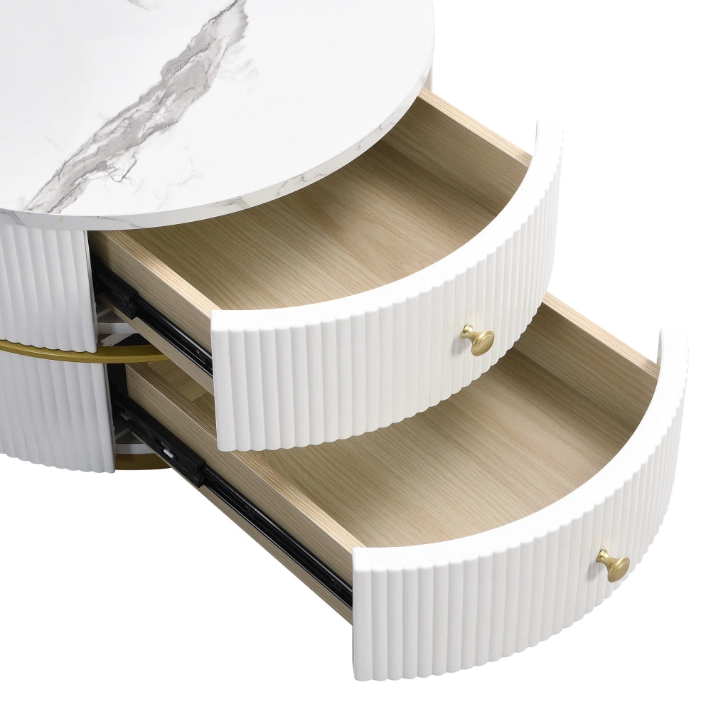 Set 2 tavolini da caffè rotondi effetto marmo lucido; bianco; con 2 cassetti