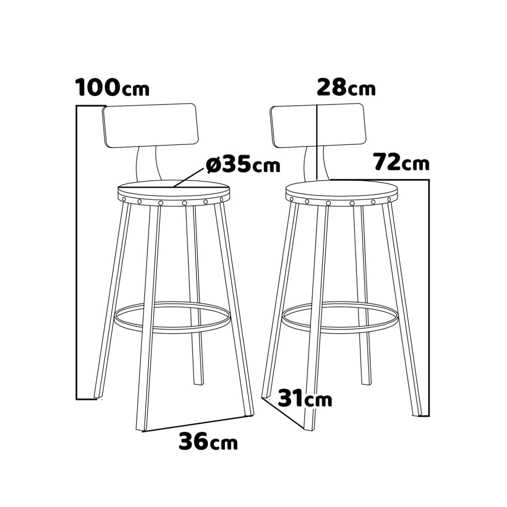 Shelby - Set di 2 sgabelli alti, sgabelli da bar con schienale in stile industriale, legno marrone