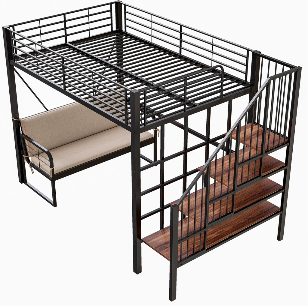 Letto a castello 140x200 cm in metallo e MDF con divano imbottito rimovibile; scala contenitore; nero