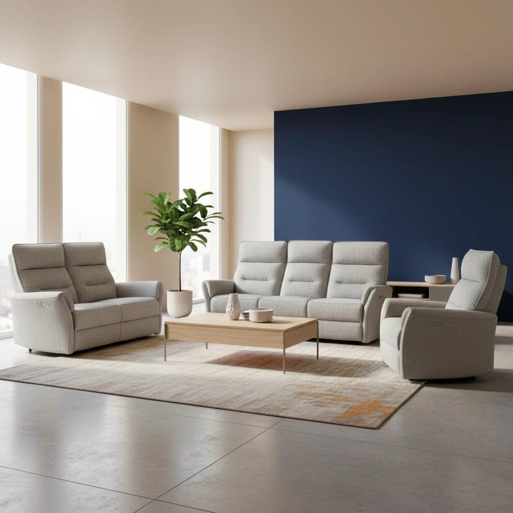 Set Relax Softwave – Divano 2 Posti + Divano 3 Posti + Poltrona Recliner Elettrica in Tessuto Grigio