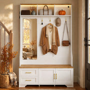 Mobile da ingresso con specchio, ganci, cassetti, ante e illuminazione LED, in MDF bianco e legno